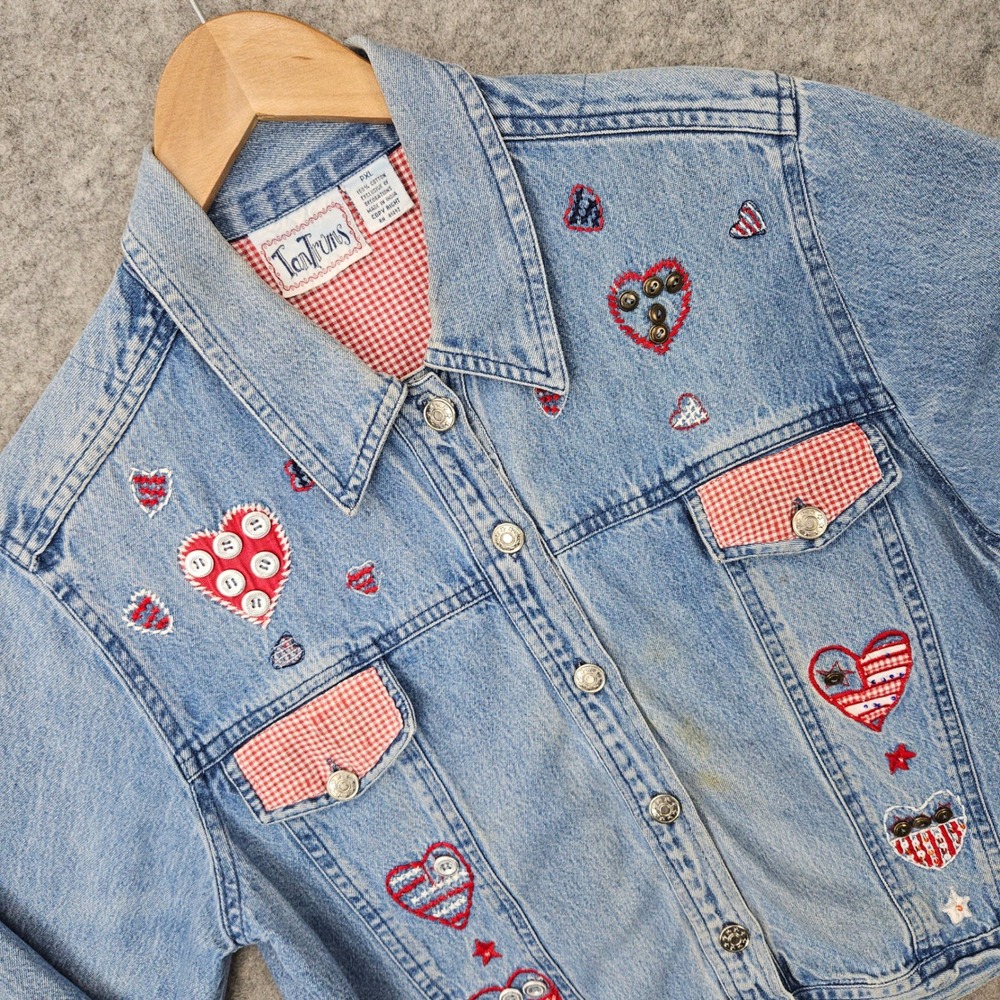 TanTrums Denim Jacket Women's PXL Blue Americana Flag Heart Embroidered Distress